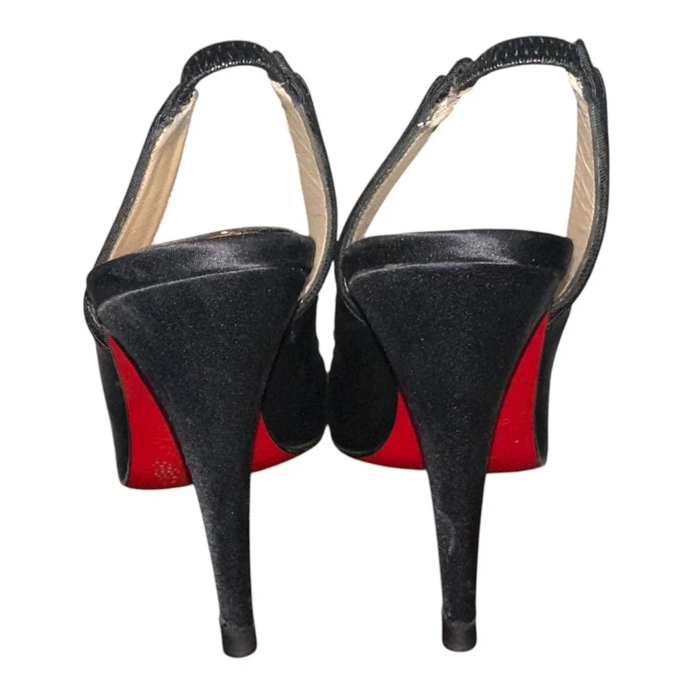 Christian Louboutin Black Satin Sling Back Bow kitten Pumps - Size 37.5